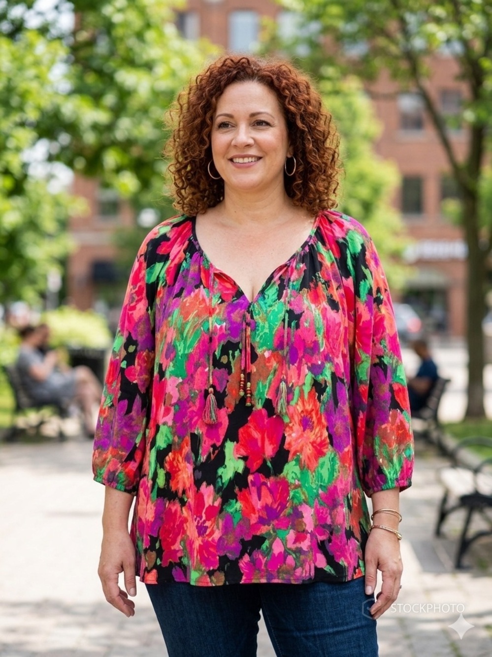 Susan Graver Floral Peasant Tunic - Pink, Green & Black